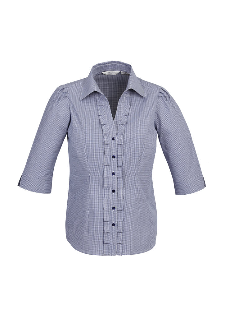 A blue and white striped women's 3/4 sleeve button-up shirt with puffed sleeves and a ruffled front. Womens Edge 3/4 Sleeve Shirt - Image 1