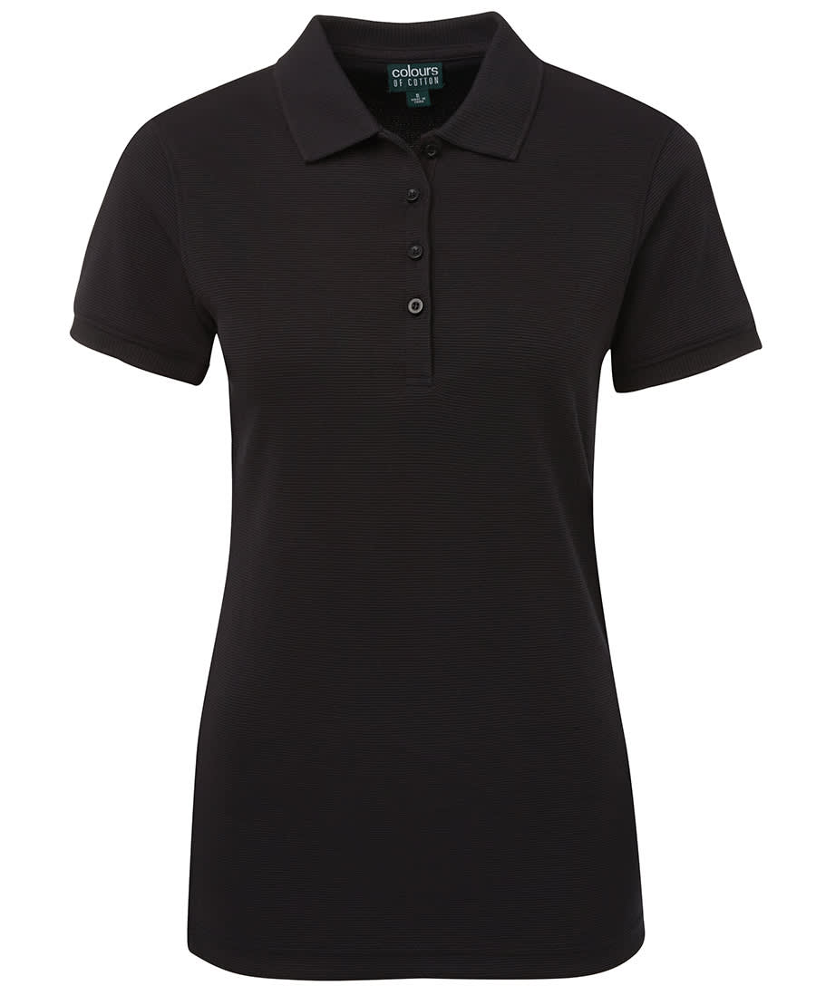 A black ladies' polo shirt with a collar, short sleeves, and a buttoned placket. Features a logo. C of C Ladies Ottoman Polo - Image 1