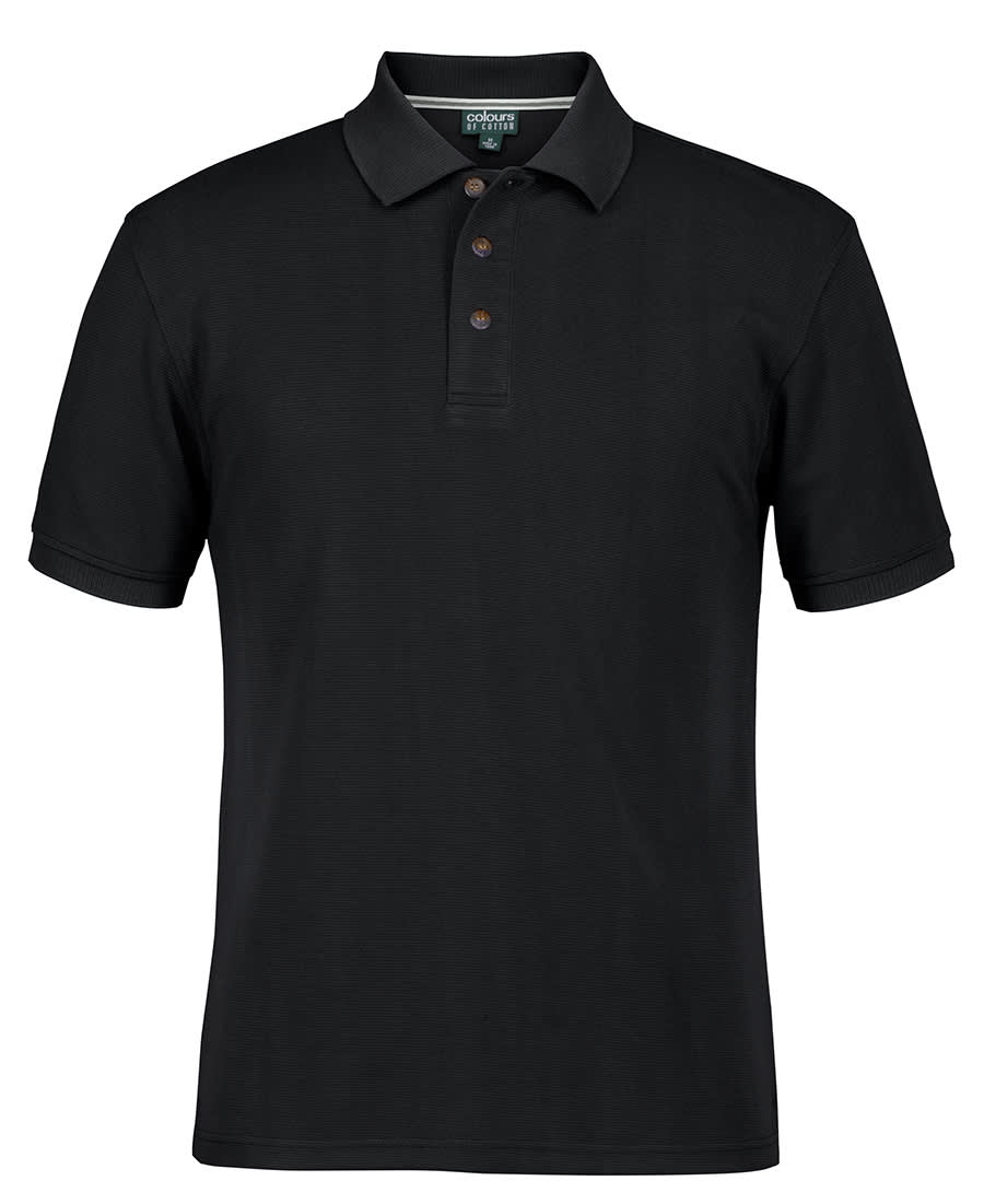 A black polo shirt with short sleeves and a three-button placket. It features a collar and has a logo. C of C Ottoman Polo - Image 1