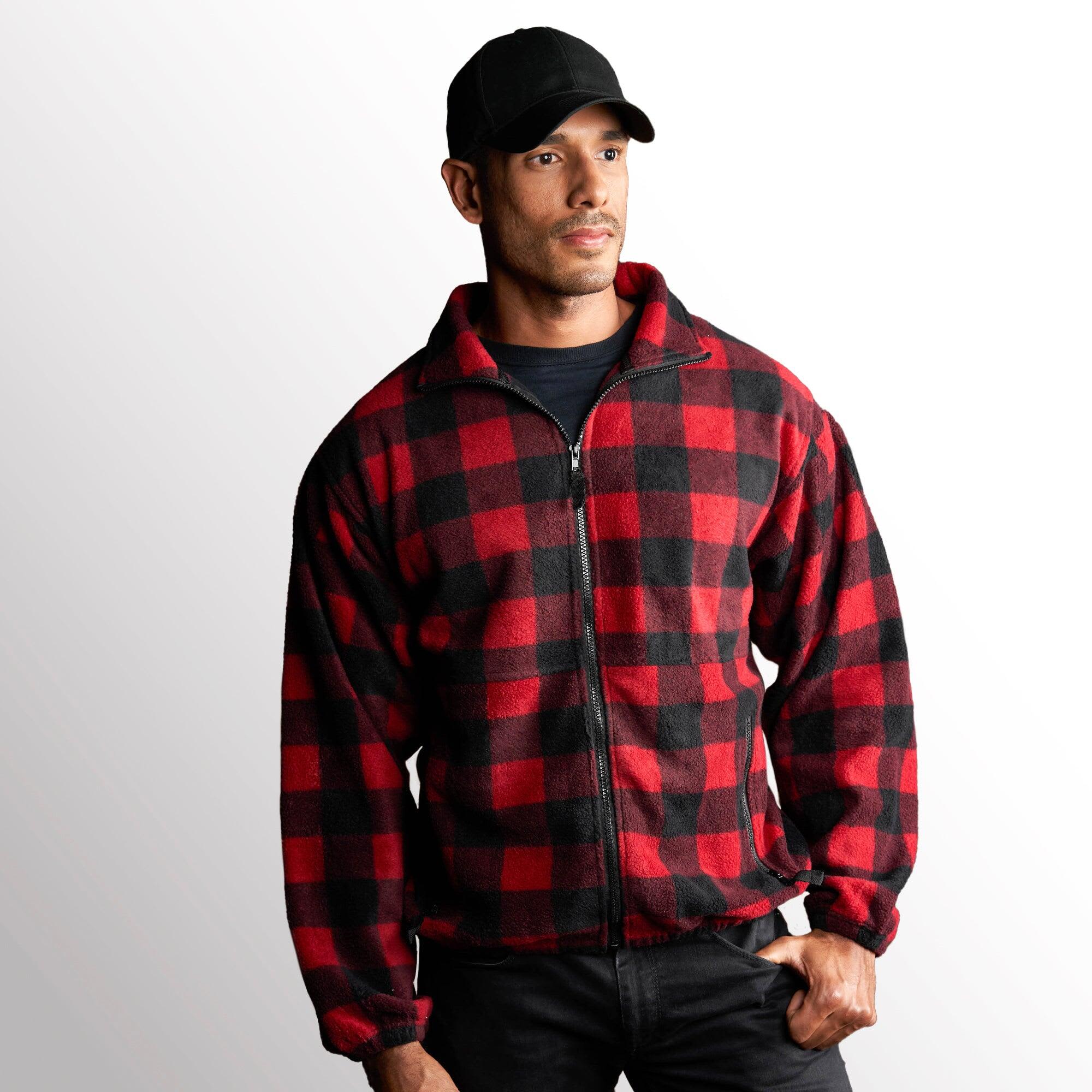 A man wearing a red and black checked full zip polar fleece jacket, paired with a black cap. Full Zip Polar Fleece Jacket - Image 1