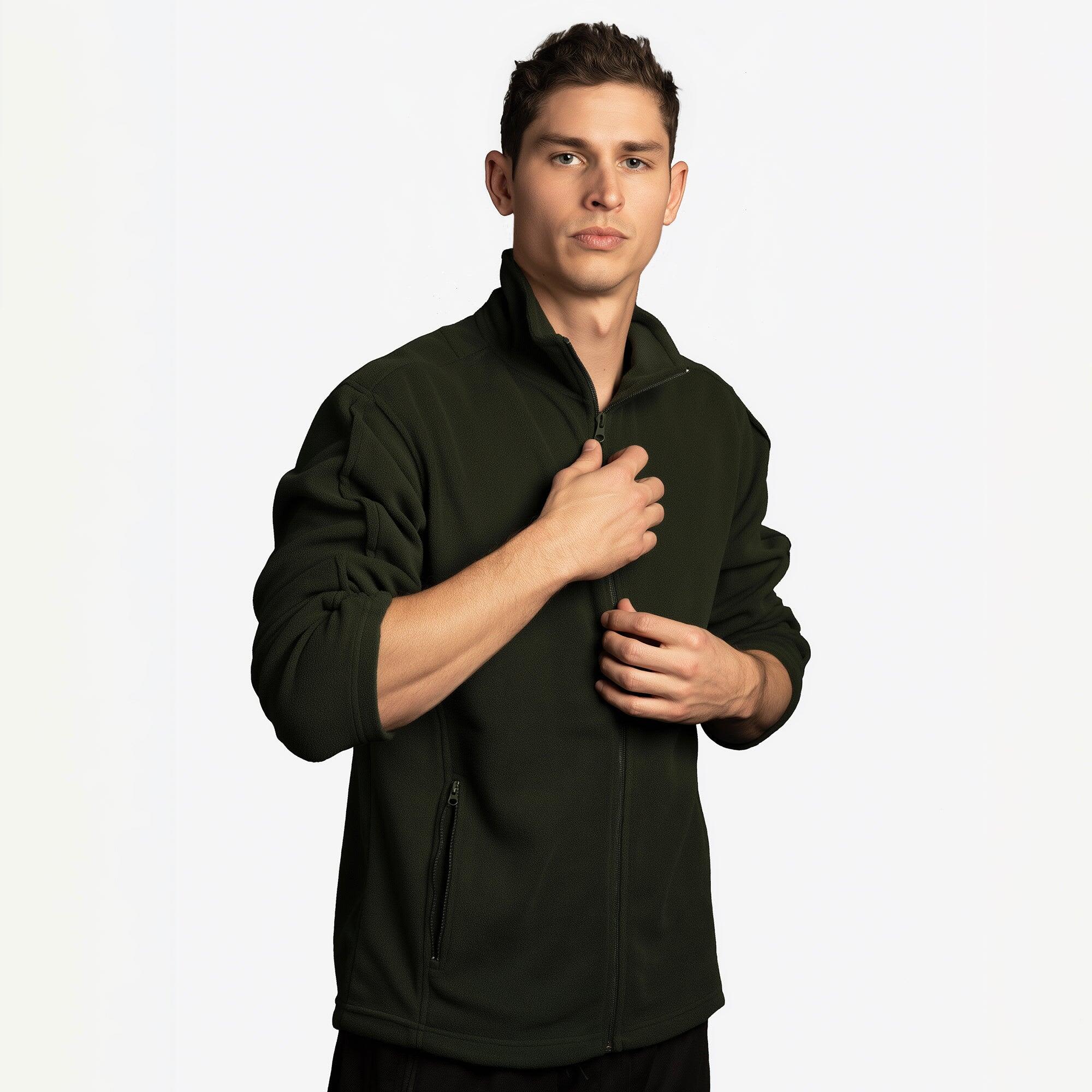 A model wearing a full zip micro fleece jacket in dark green. The jacket features a zip closure and stands collar. Full Zip Micro Fleece Jacket - Image 1