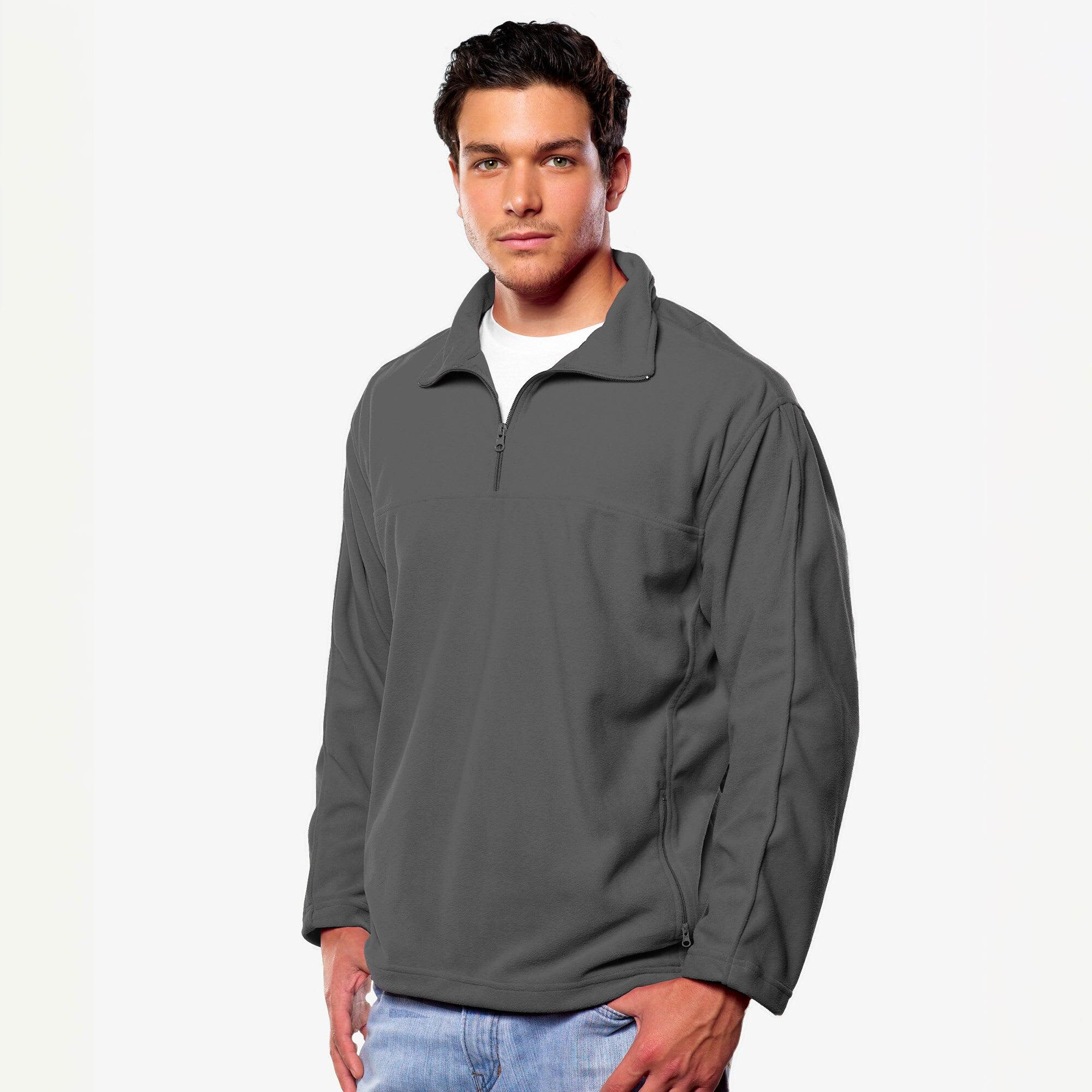 A grey 1/4 zip micro fleece pullover jacket is worn by a model standing against a plain background. 1/4 Zip Micro Fleece Pullover - Image 1