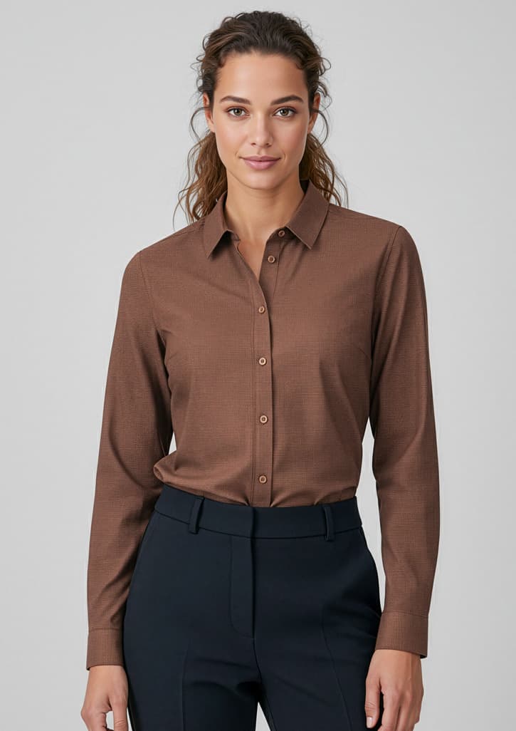 A brown long sleeve button-up shirt for women, featuring a structured fit and a logo on the fabric. Womens Soul Long Sleeve Shirt - Image 1