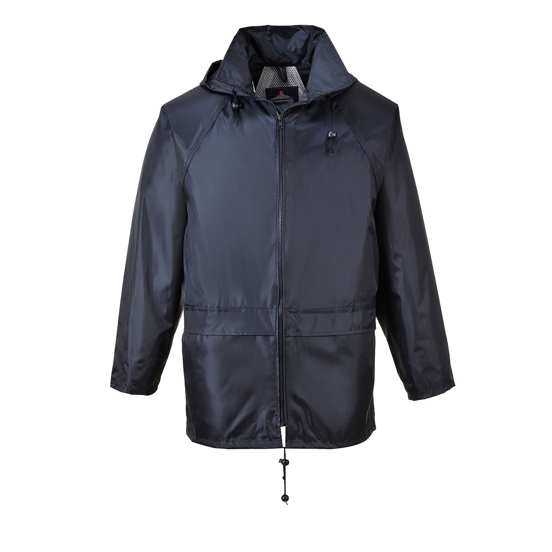 A navy rain jacket with a hood, zip front, and adjustable hem, featuring a logo on the chest. Classic Rain Jacket - Image 1