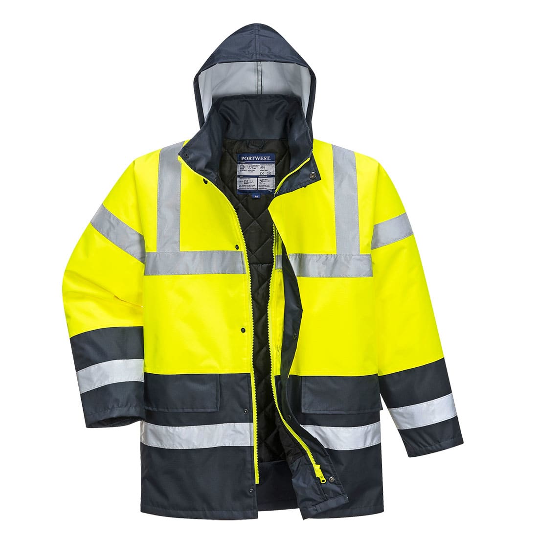 A high-visibility traffic jacket in bright yellow with black accents and reflective stripes, featuring a hood and zippered front. Hi-Vis Contrast Winter Traffic Jacket - Image 1
