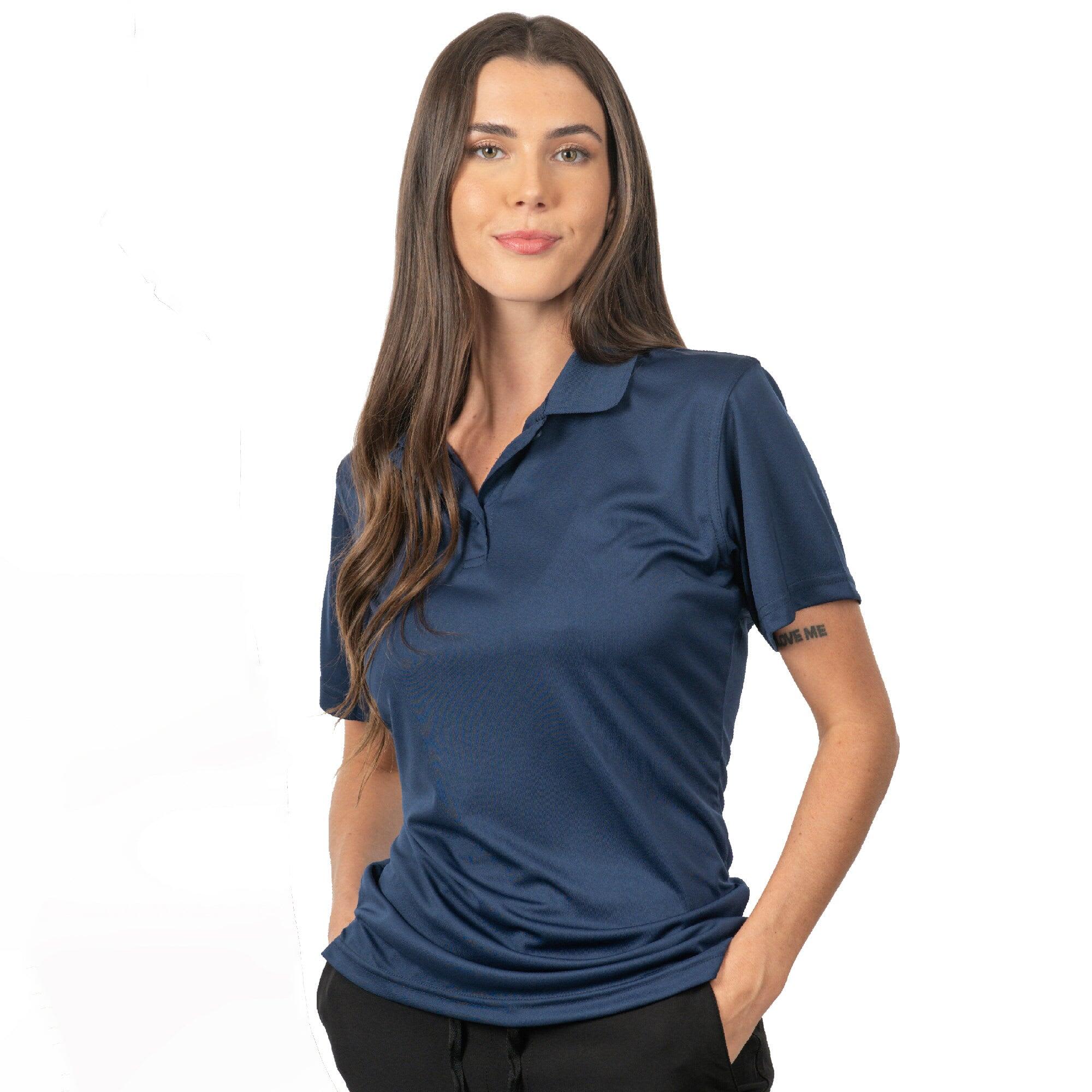 A navy blue polyester sport shirt featuring a collar and a logo, modelled by a woman. Polyester Sport Shirt - Image 1