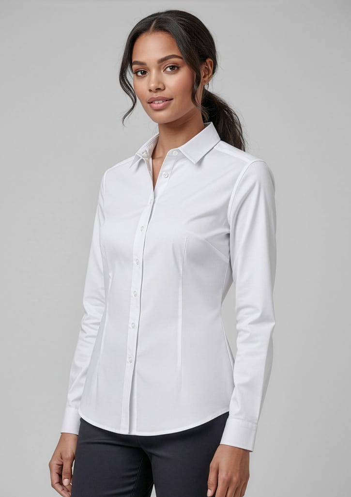 A white women's long sleeve button-up shirt displayed on a model, featuring a classic collar and a fitted silhouette. Womens Dalton Long Sleeve Shirt - Image 1