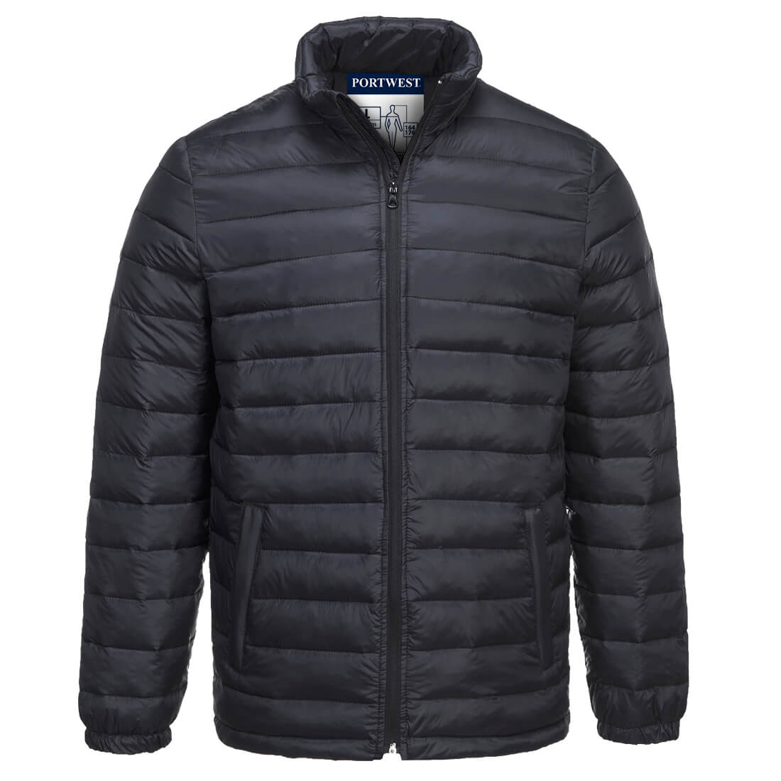 A black puffer jacket with a zip front and high collar, featuring a logo on the inside tag. Baffle Jacket - Image 1