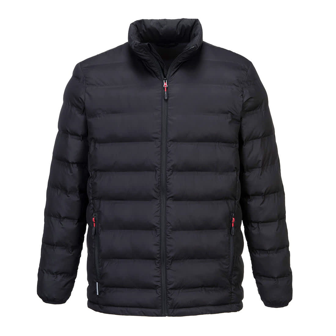A black puffer jacket with a zip front and side pockets, featuring a high collar and a logo on the hem. KX3 Ultrasonic Tunnel Jacket - Image 1