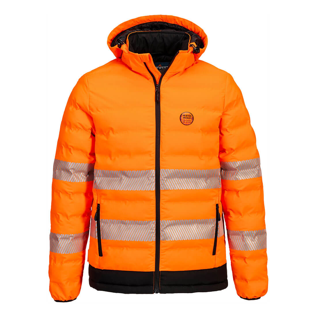 A bright orange heated tunnel jacket with reflective strips and a hood, featuring a logo on the chest. Hi-Vis Ultrasonic Heated Tunnel Jacket - Image 1