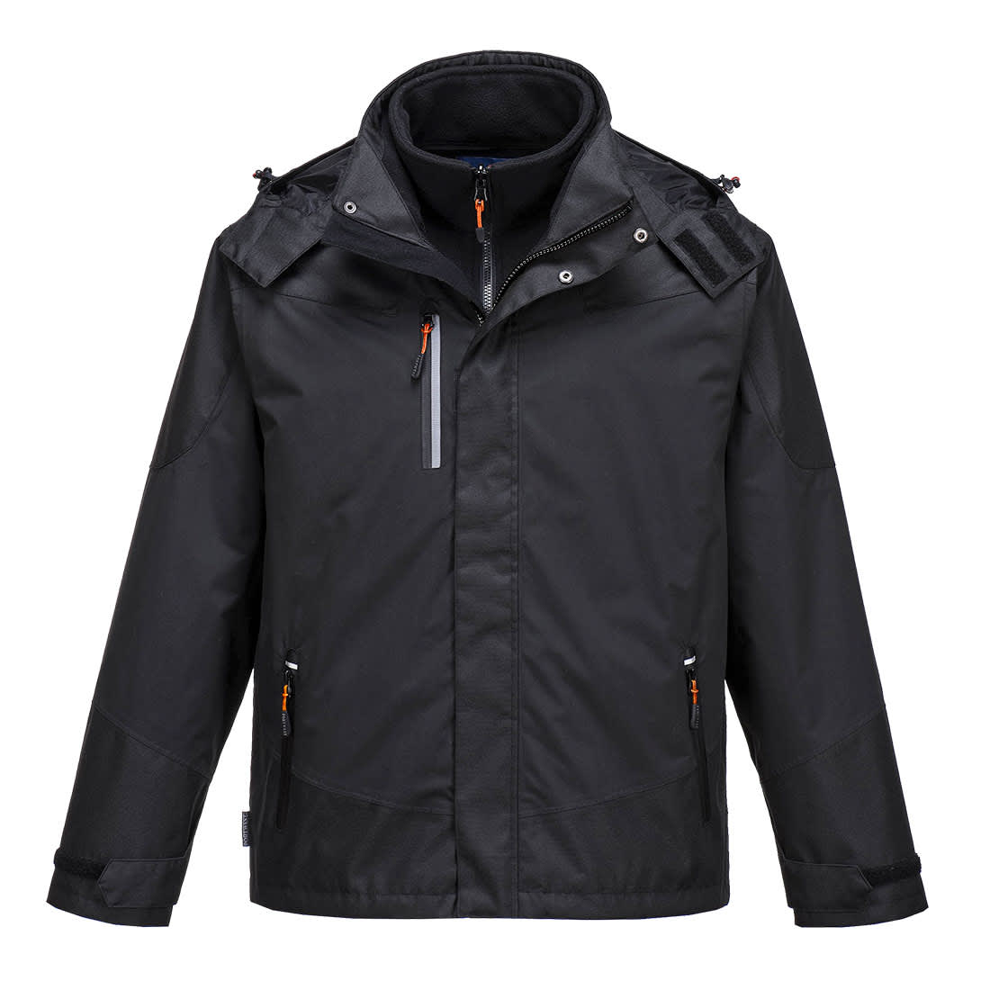 A black Radial 3-in-1 jacket featuring multiple pockets and a hood. It includes a branding logo. Radial 3-in-1 Jacket - Image 1