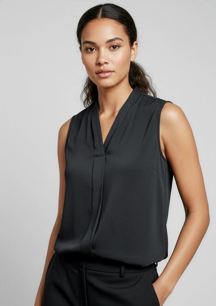 A sleeveless black top with a folded collar and a subtle drape, featuring a logo on the garment. Womens Madison Sleeveless Top - Image 1