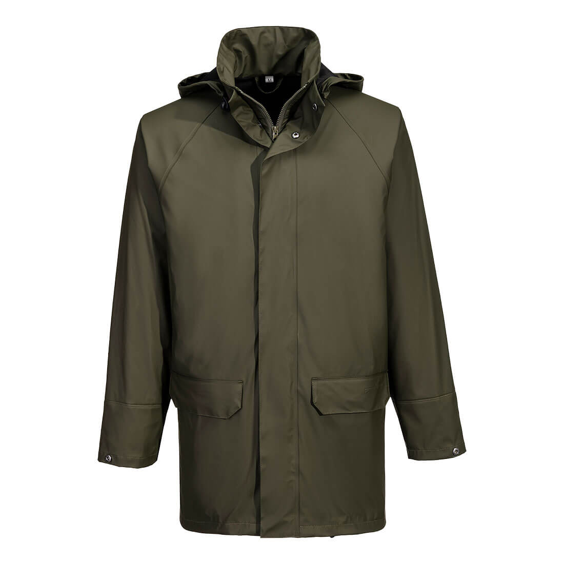 A khaki waterproof jacket with a hood, featuring snap buttons and pockets, along with a logo. Flexatex Chem Jacket - Image 1