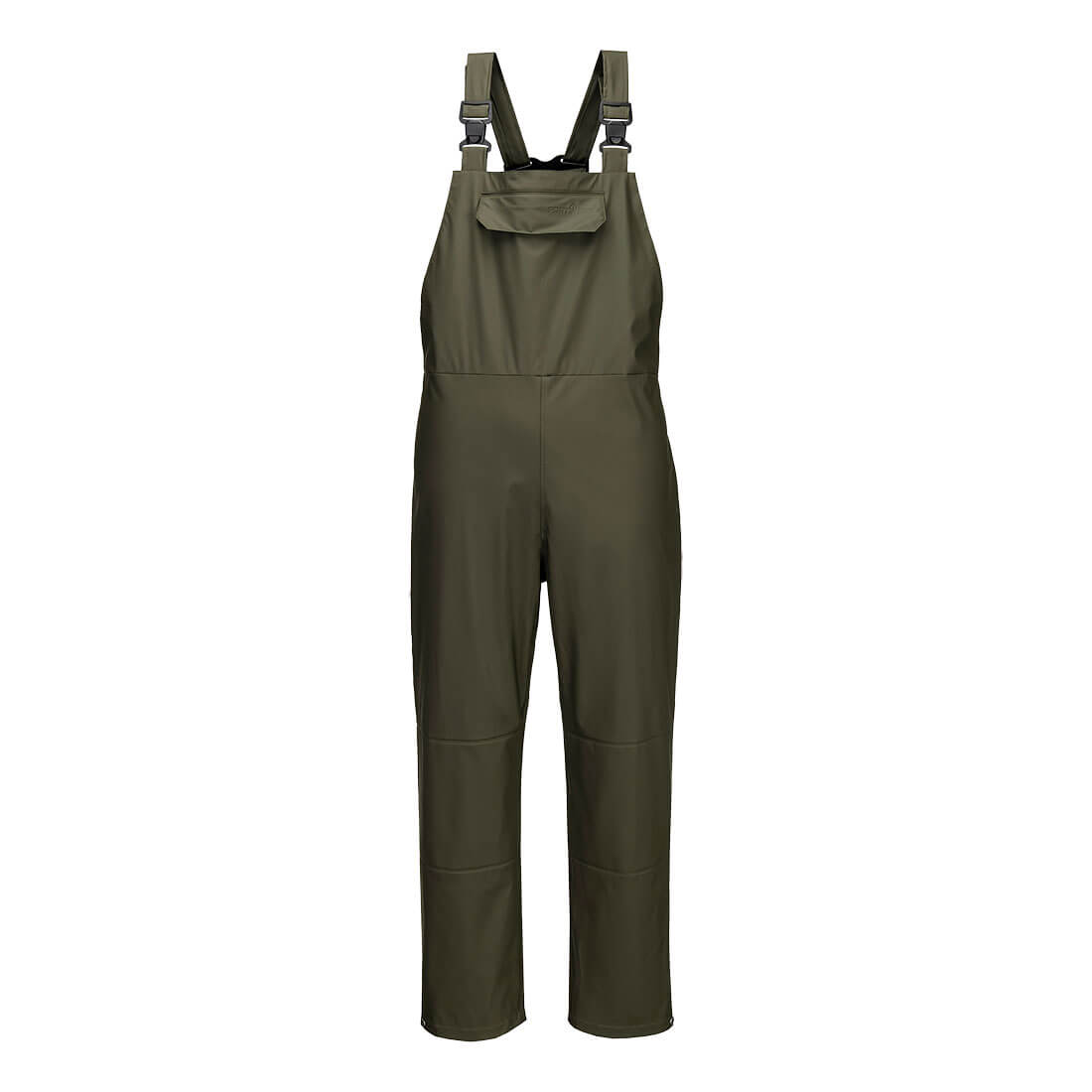 A pair of olive green waterproof bib overalls with adjustable straps and a front pocket. Features a logo on the side. Flexatex Chem Bib and Brace - Image 1