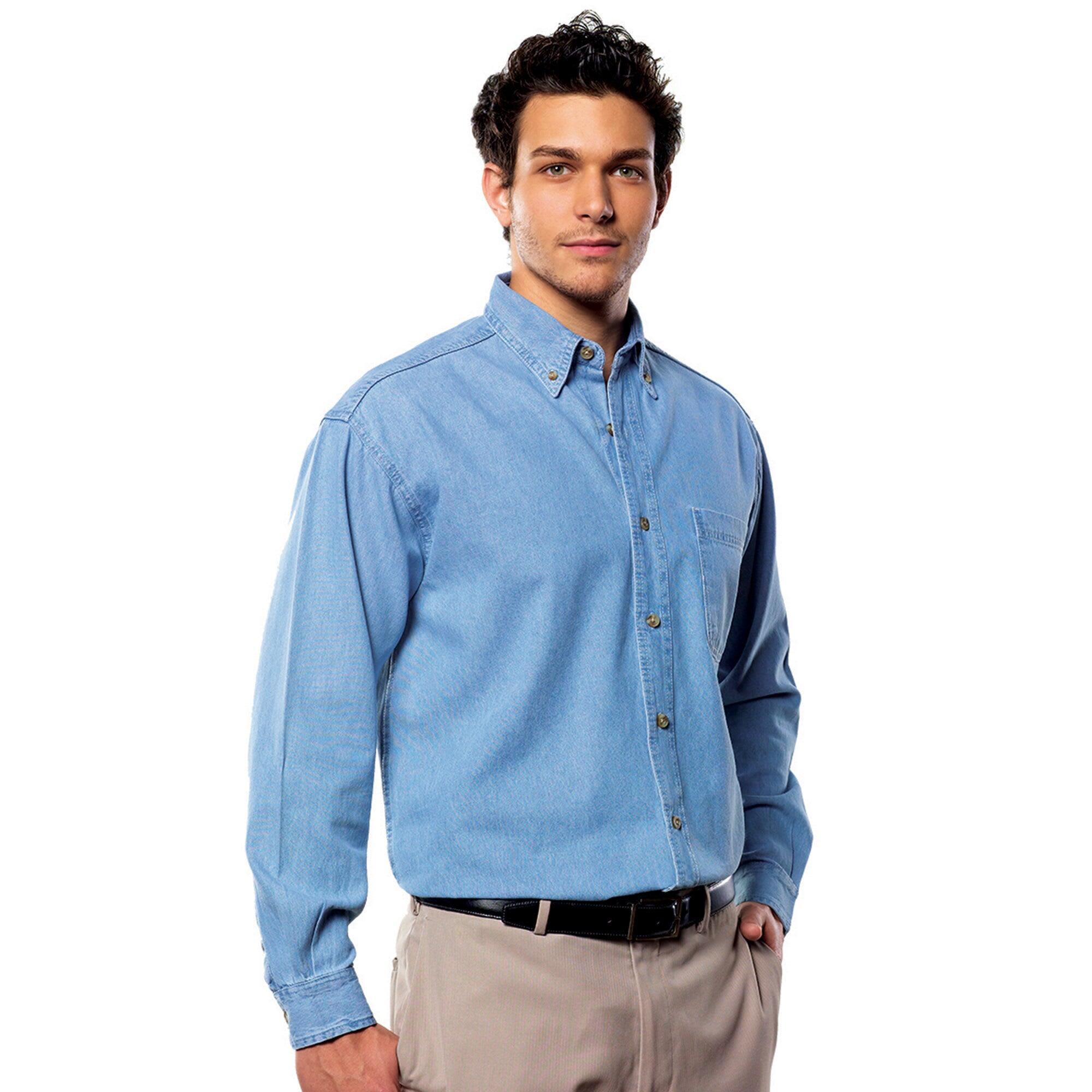 A long sleeve cotton denim shirt in light blue, featuring a button-up design and a chest pocket. Long Sleeve Cotton Denim Shirt - Image 1