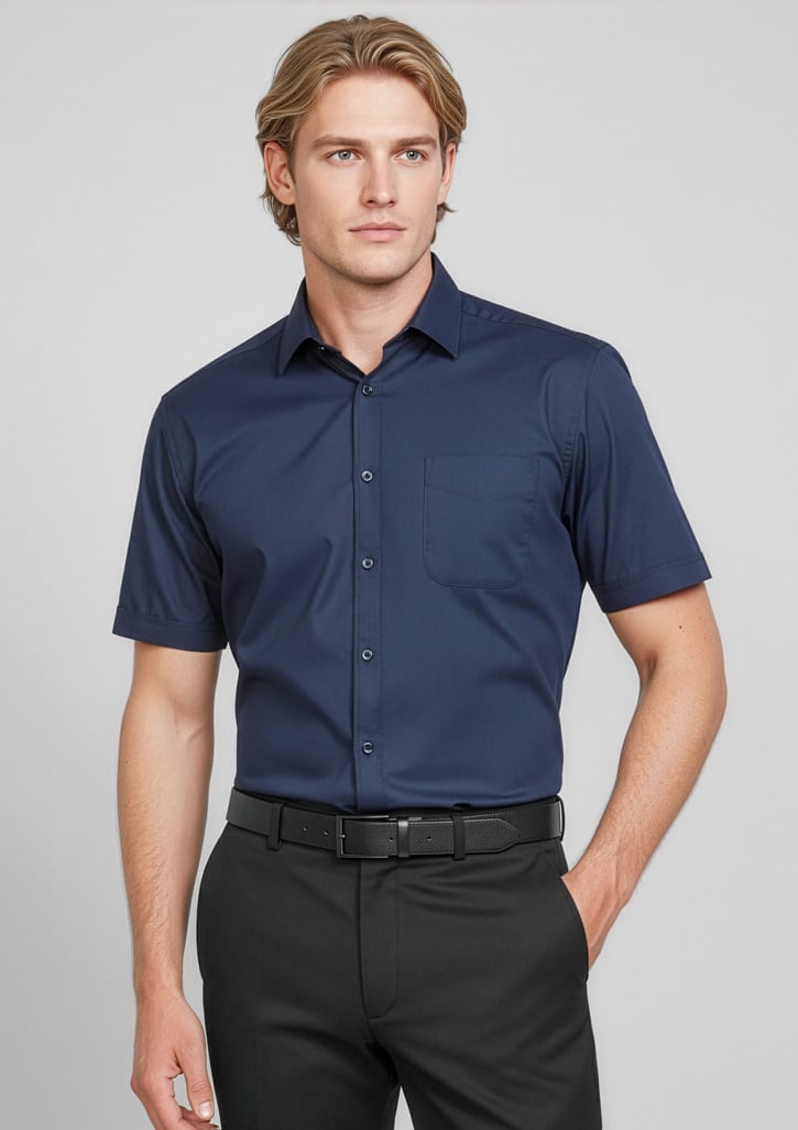 A button-up short sleeve shirt in navy blue, featuring a pocket and a branded logo. Mens Monaco Short Sleeve Shirt - Image 1
