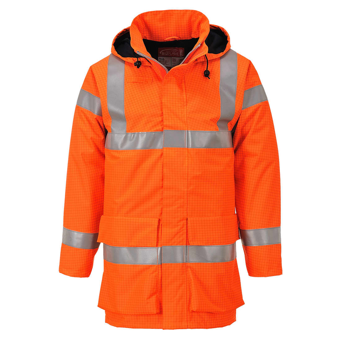 Bright orange rain jacket with reflective stripes and a hood. Features multiple pockets and a logo branding. Bizflame Rain Hi-Vis Multi Light FR Jacket - Image 1