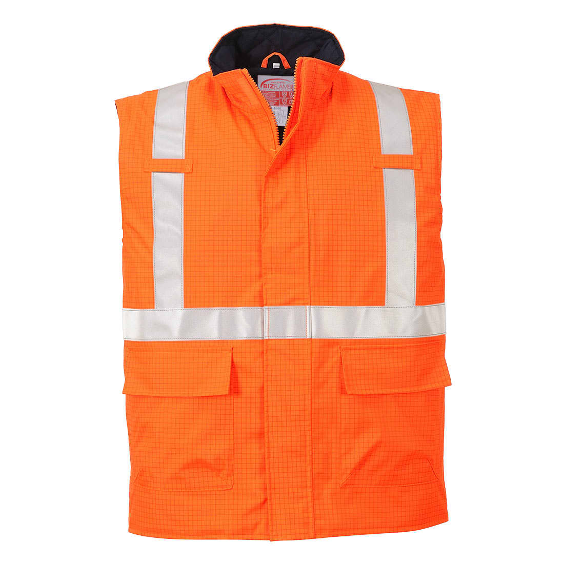 An orange bodywarmer featuring reflective strips and multiple pockets, designed for workwear use. Bizflame Rain Hi-Vis Anti-Static FR Bodywarmer - Image 1