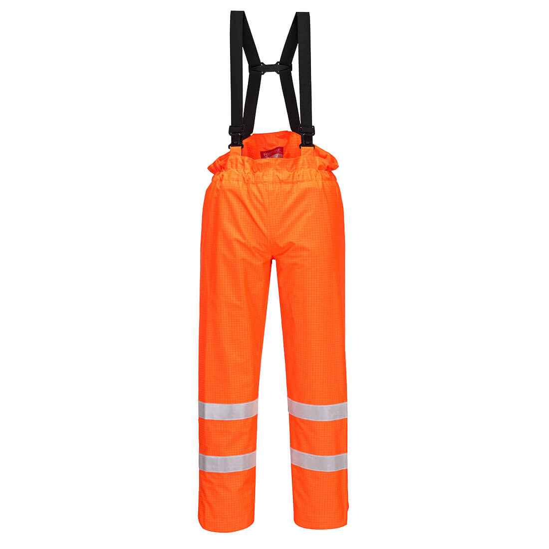 High-visibility orange antistatic FR trousers with reflective stripes and adjustable suspenders. Bizflame Rain Hi-Vis Anti-Static Unlined FR Pants - Image 1