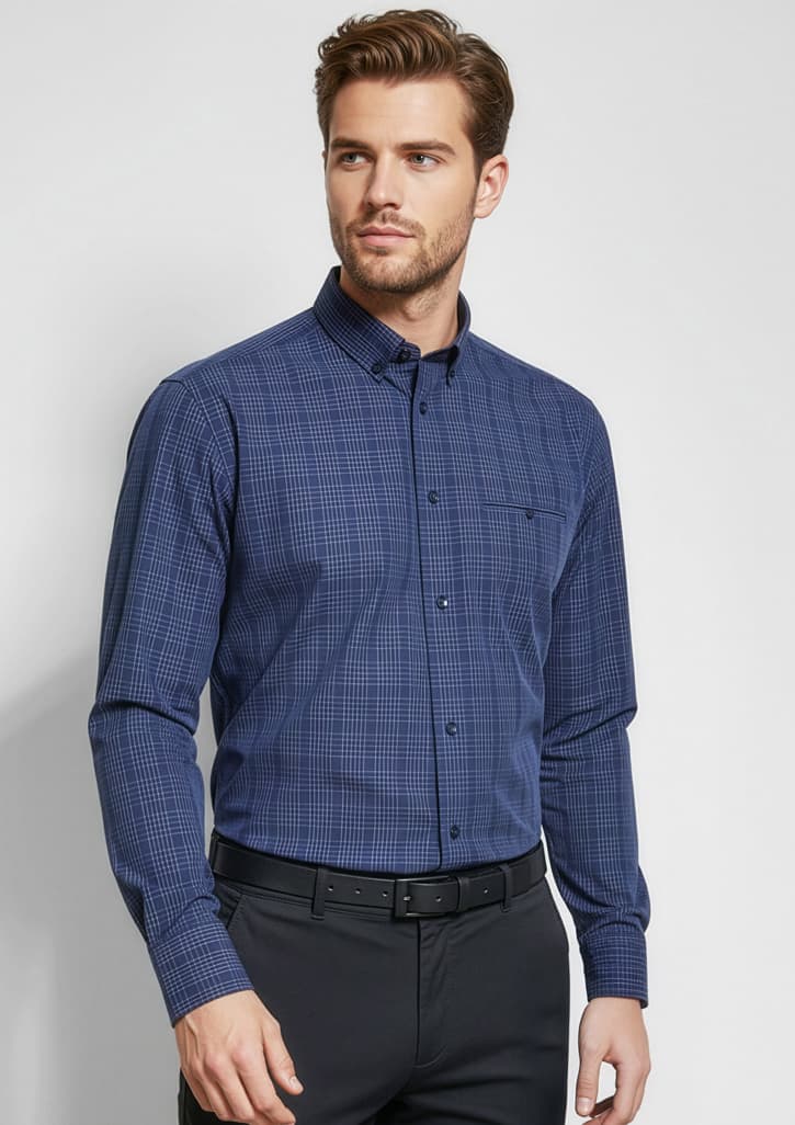 A men's long sleeve shirt in navy blue with a checked pattern and a chest pocket, featuring a logo. Mens Harper Long Sleeve Shirt - Image 1
