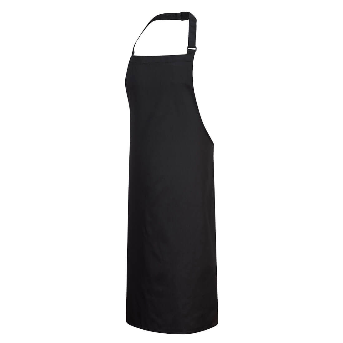 A black bib apron with a neck strap, featuring a simple design and one logo. Polycotton Bib Apron - Image 1