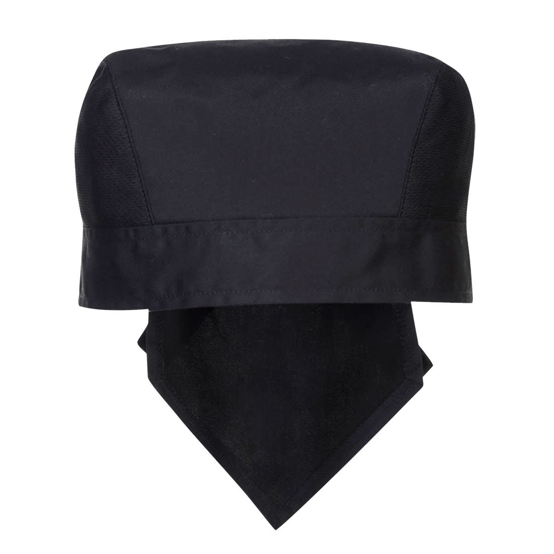 A black MeshAir Pro Bandana with a fitted top and a triangular drape, featuring a logo. Chef's MeshAir Pro Bandana - Image 1