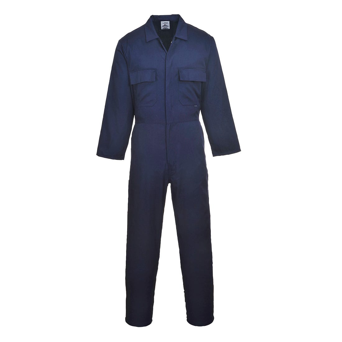 A navy blue Euro Work Boilersuit with long sleeves and two chest pockets, featuring a logo. Euro Work Polycotton Coverall - Image 1