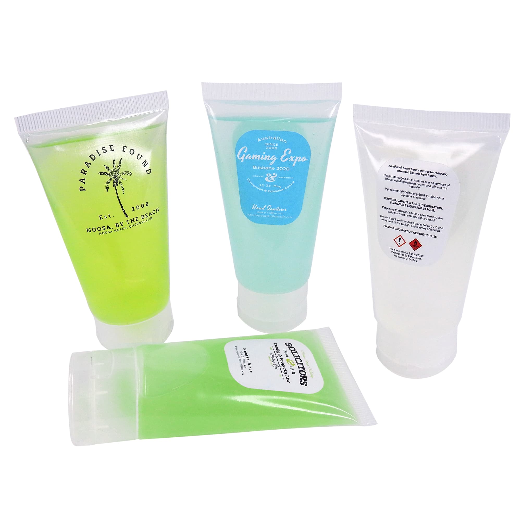 Four tubes of hand sanitiser in green, blue, and clear colours, featuring various designs and a logo on each. Hand Sanitiser Tube - Image 1
