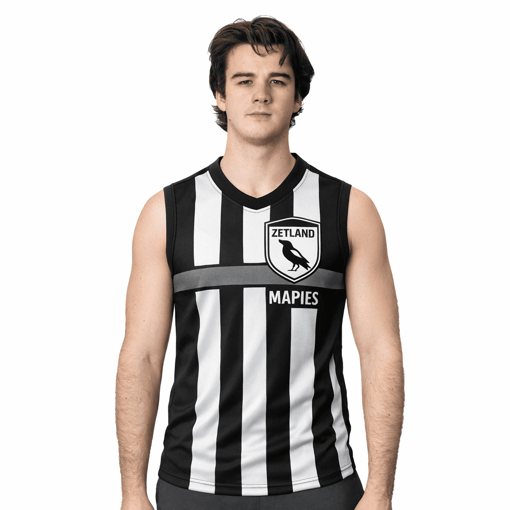 A sports jersey in black and white stripes featuring a logo, with a sleeveless design and a grey band. Sublimated Crafted AFL Jersey - Image 1