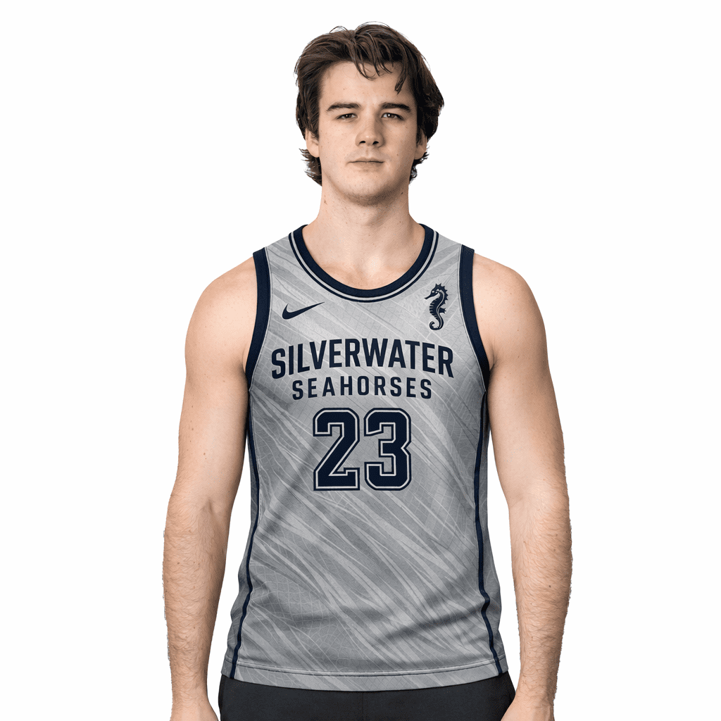 A sleeveless grey basketball top featuring navy accents and a logo, designed for sports uniforms. Sublimated Crafted Basketball Top - Image 1