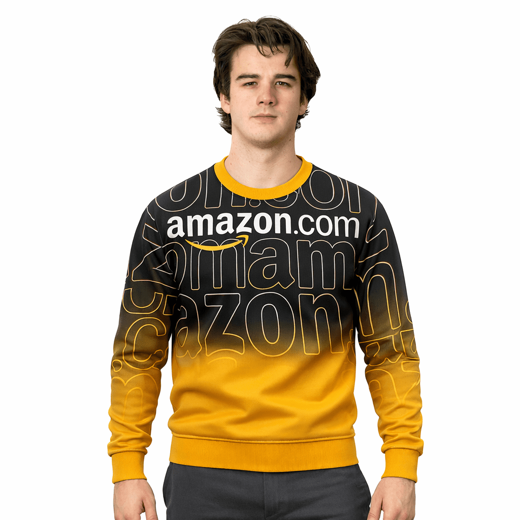 A man wearing a black and gold jumper with a prominent logo and text design. The jumper features a round neck and long sleeves. Sublimated Crafted Crew - Image 1