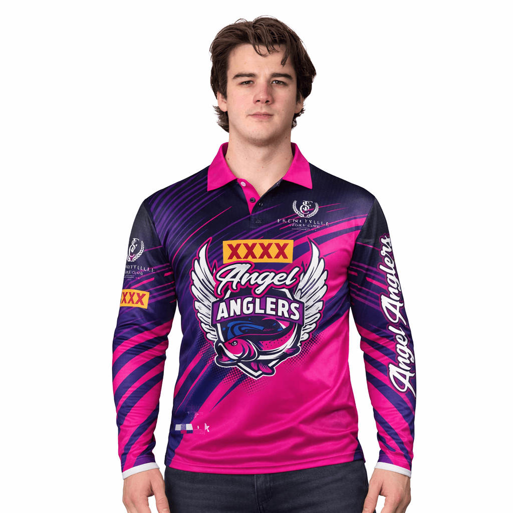 A long-sleeve fishing tee in vibrant pink and purple, featuring a logo and a striking design. Sublimated Crafted Fishing Tee L/S - Image 1