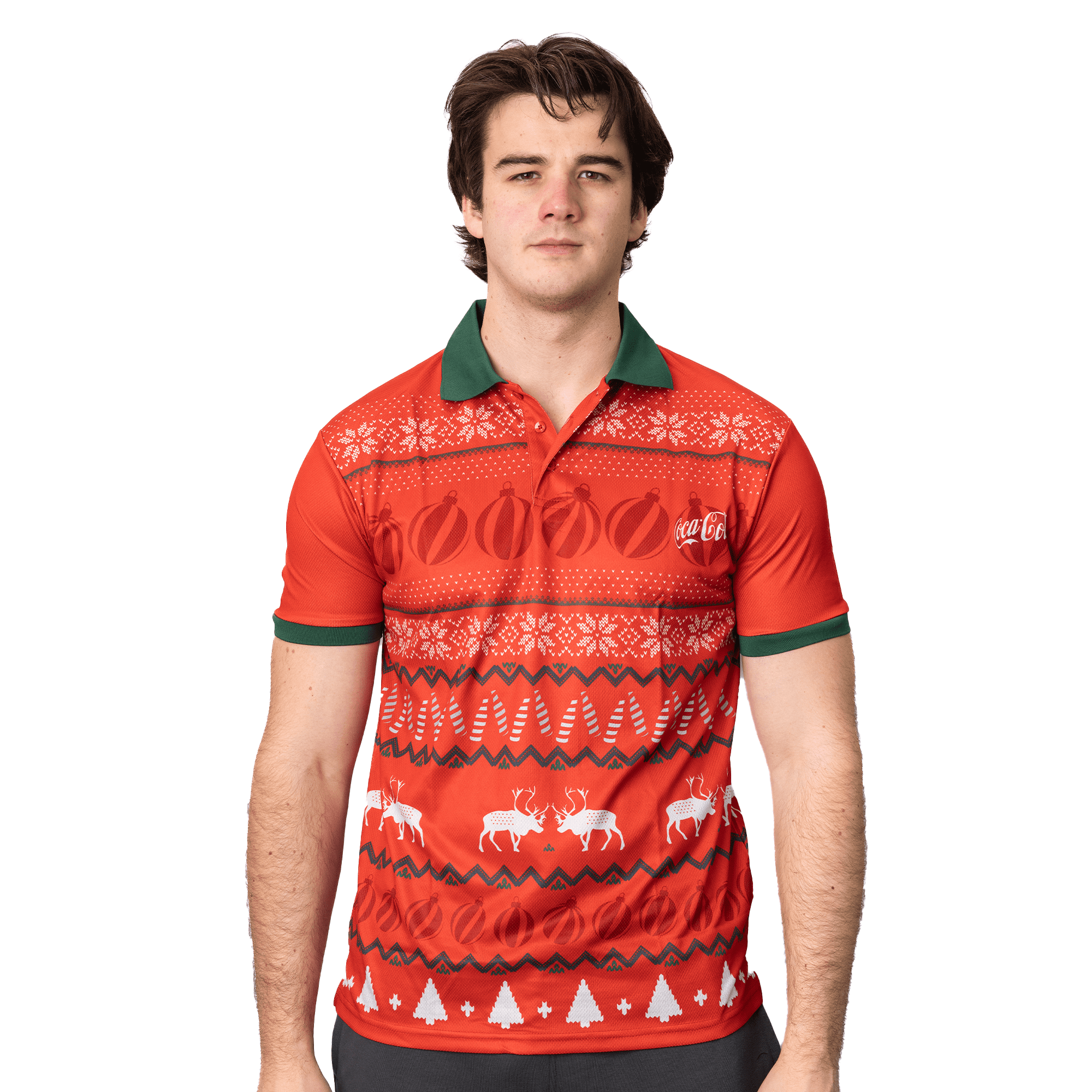 A vibrant red polo shirt with green collar, featuring festive patterns and a logo. Sublimated Crafted Polo - Image 1