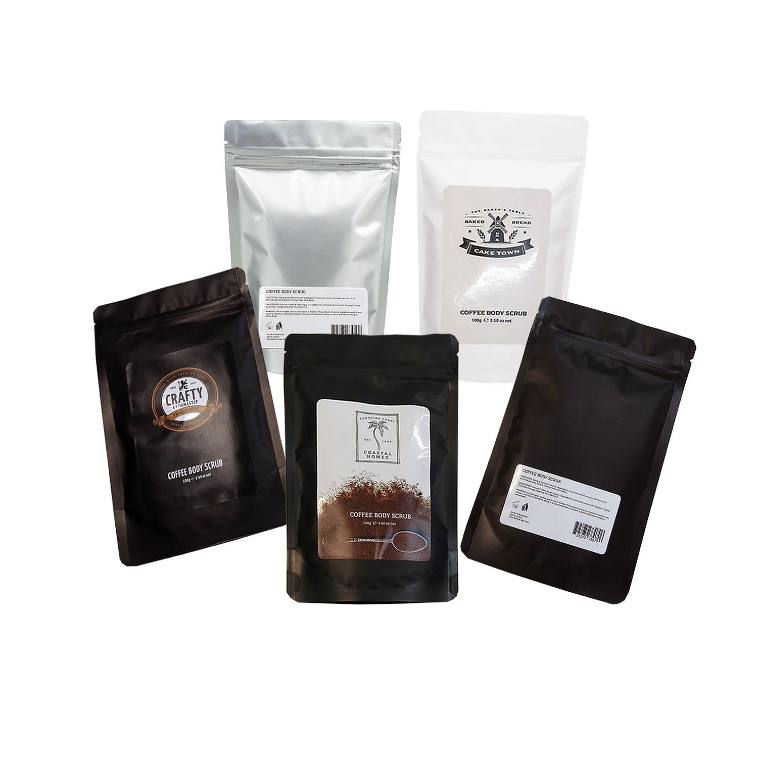 Five different packets of coffee scrub in various colours, including black, silver, and white, featuring logos and branding. Coffee Scrub - Image 1