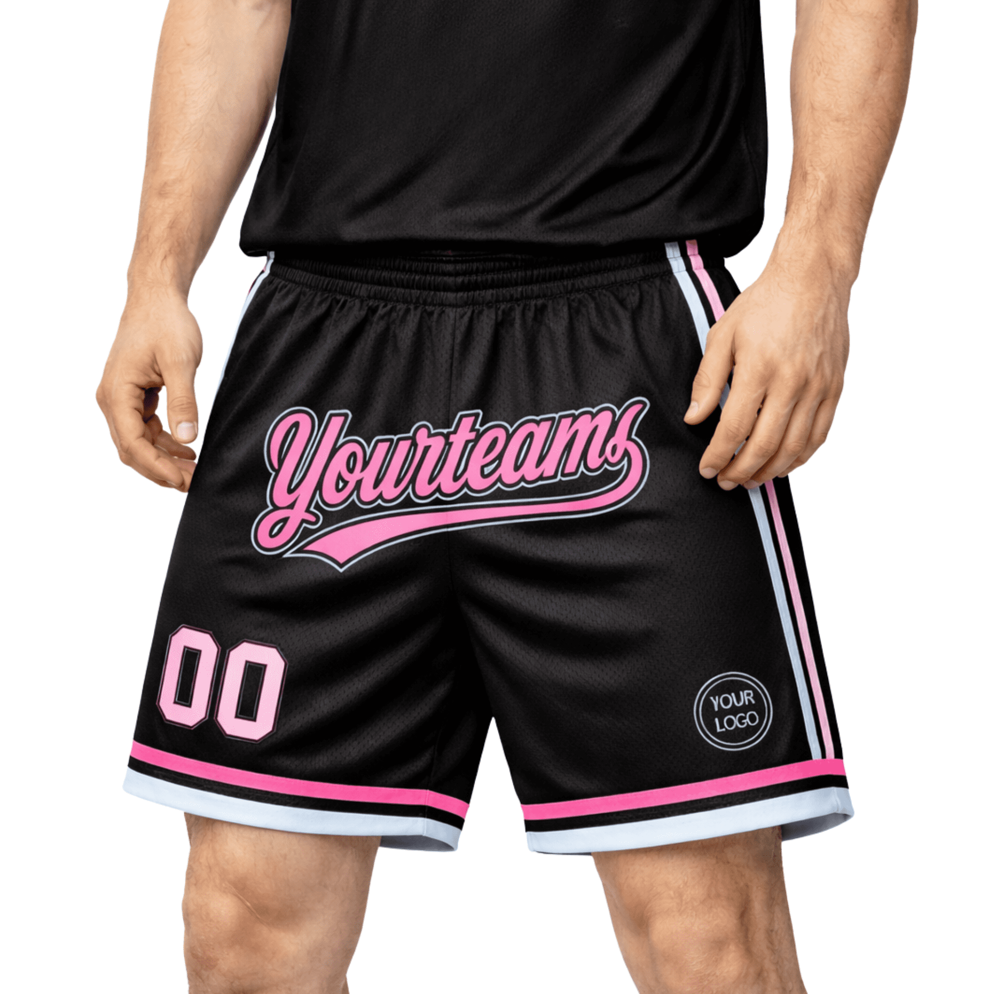 A pair of black basketball shorts with pink accents, featuring a logo and text design. Sublimated Crafted Basketball Shorts - Image 1
