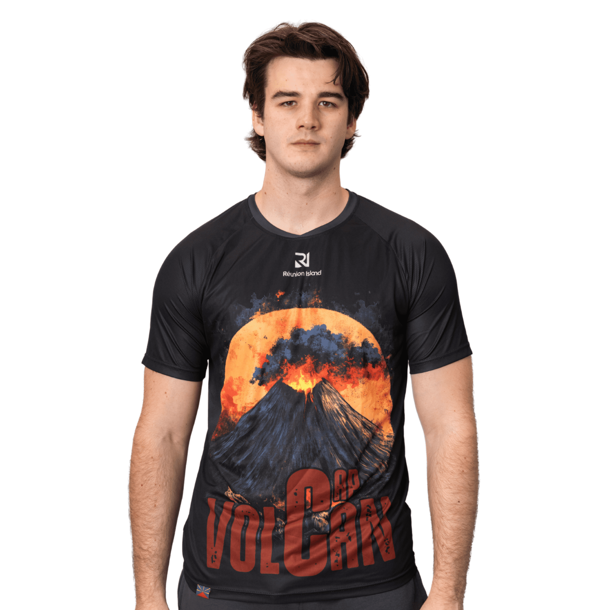 A black sublimated tee featuring a vibrant volcano graphic in red and orange hues, with a logo on the chest. Sublimated Crafted Tee - Image 1