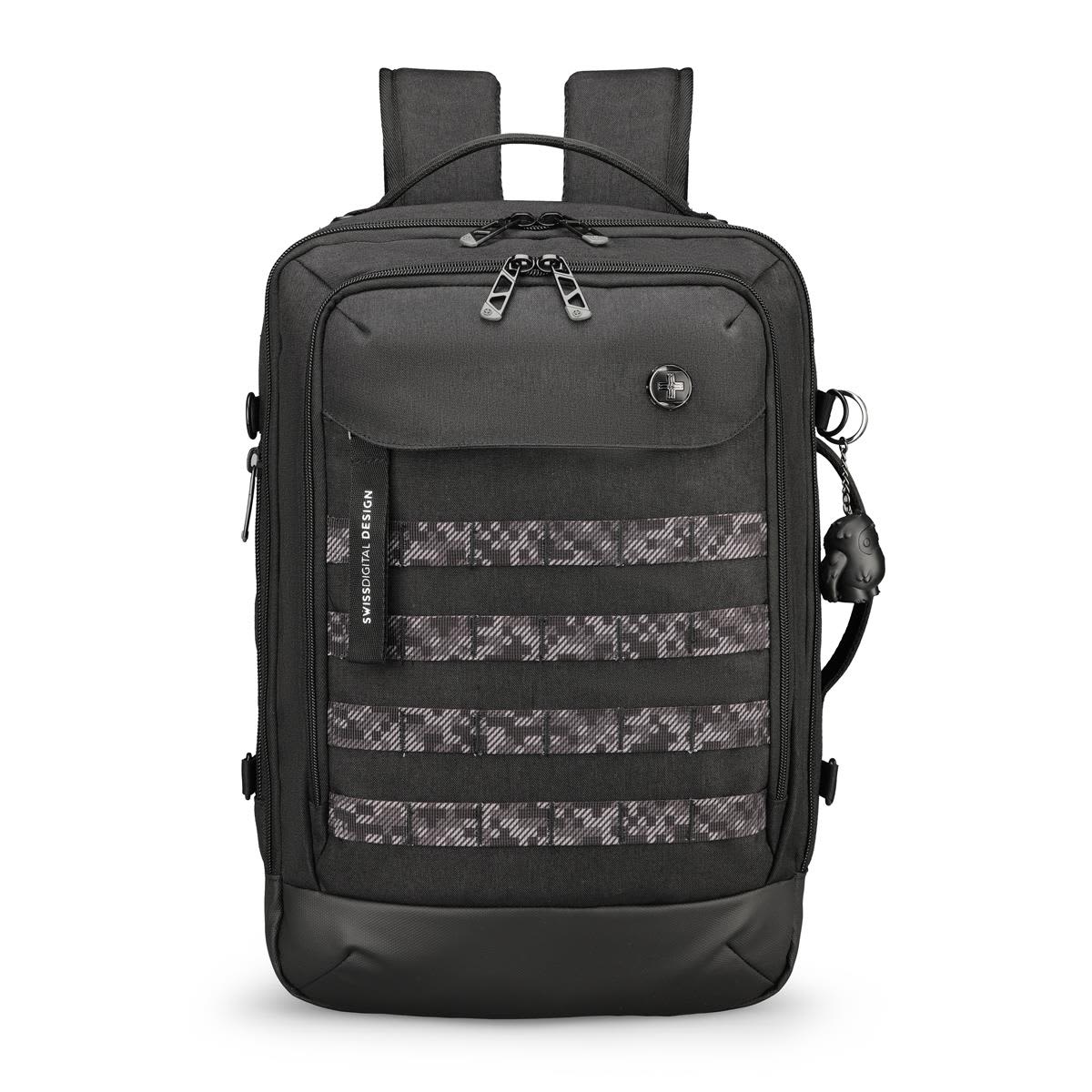 A sleek black backpack featuring multiple compartments and a textured front panel, equipped with adjustable shoulder straps. Swissdigital Berg L Backpack - Image 1
