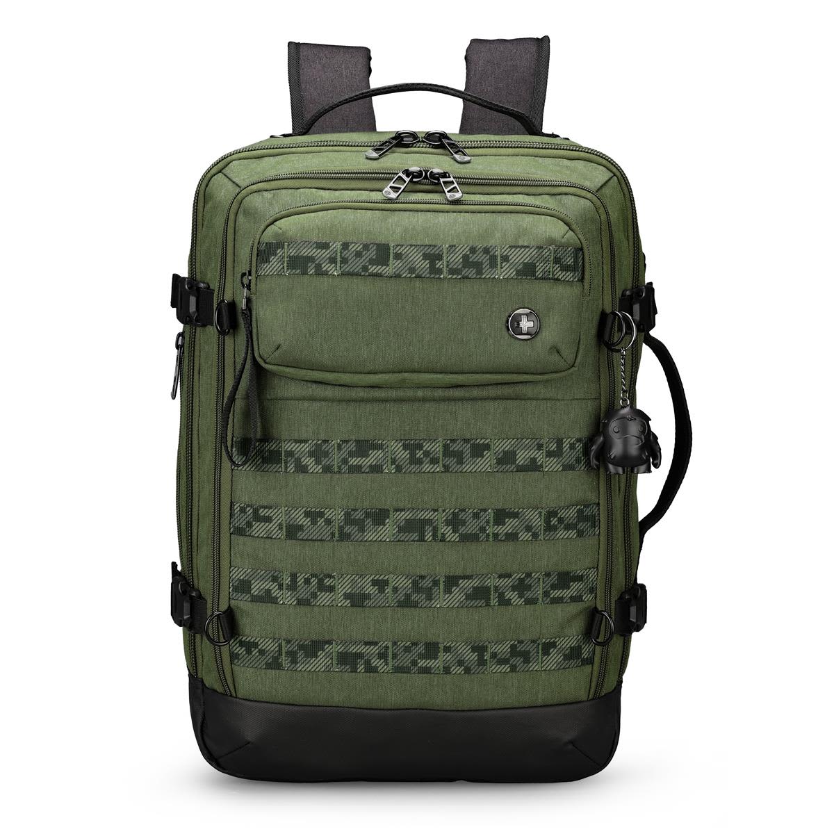 A green Swissdigital Berg XL Backpack with multiple pockets, straps, and a logo on the front. Swissdigital Berg XL Backpack - Image 1