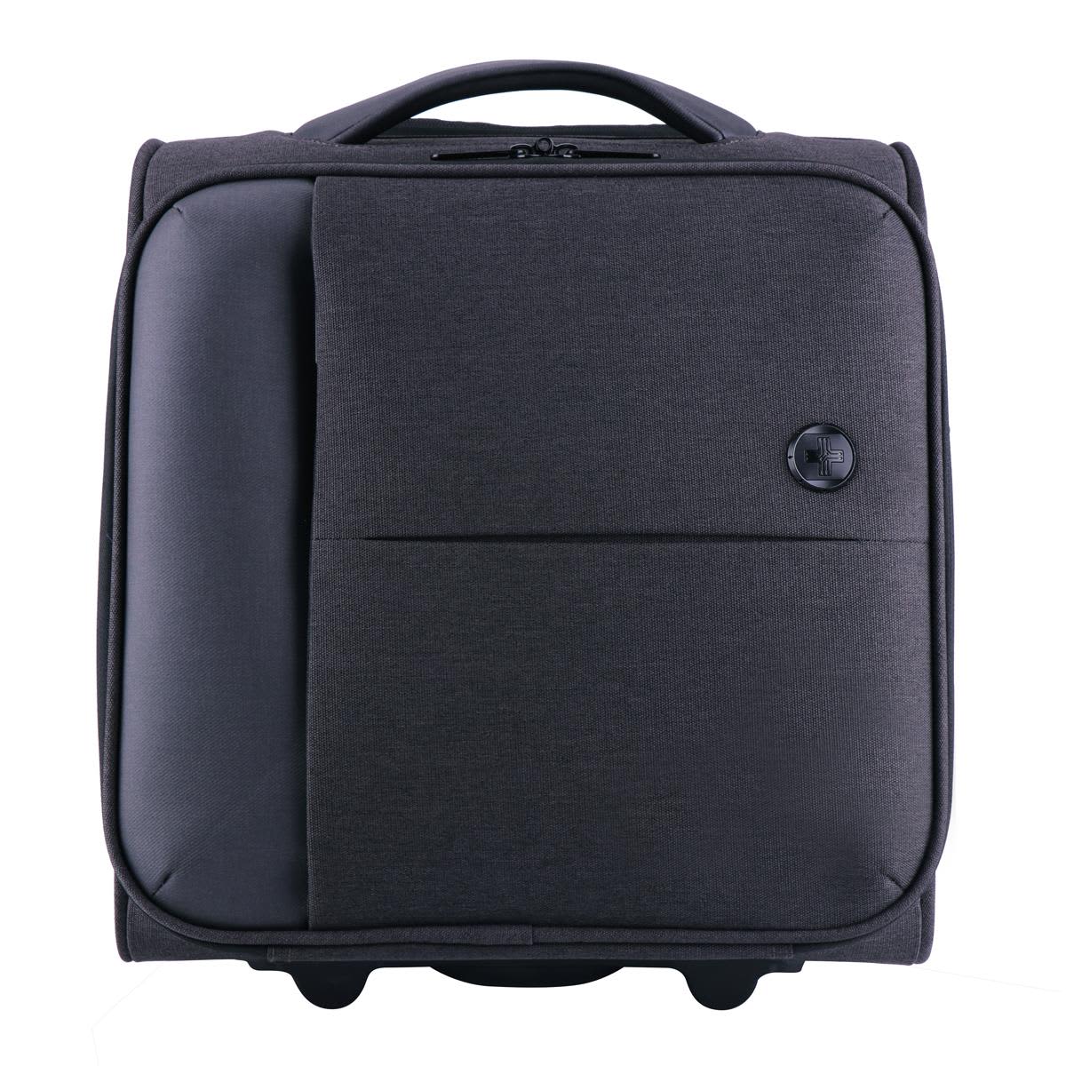 A wheeled underseat luggage in dark grey with a front pocket and a handle. Features a logo on the side. Swissdigital Arosa Underseat Luggage - Image 1