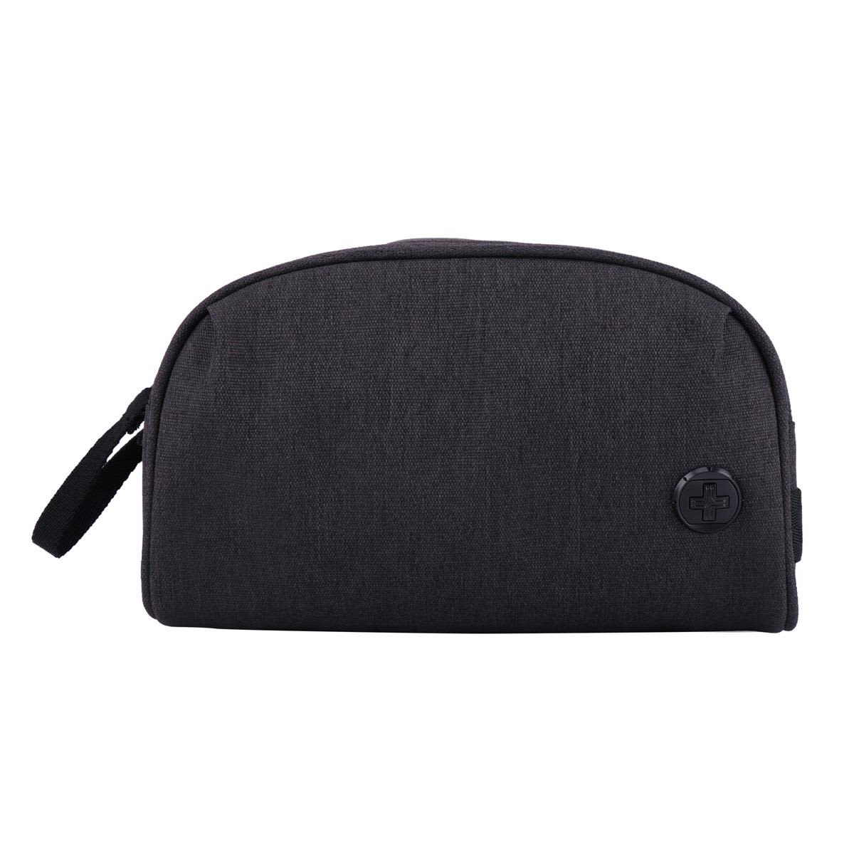 A black Swissdigital Arosa wash bag with a zip closure and a small logo patch on the front. Swissdigital Arosa Wash Bag - Image 1