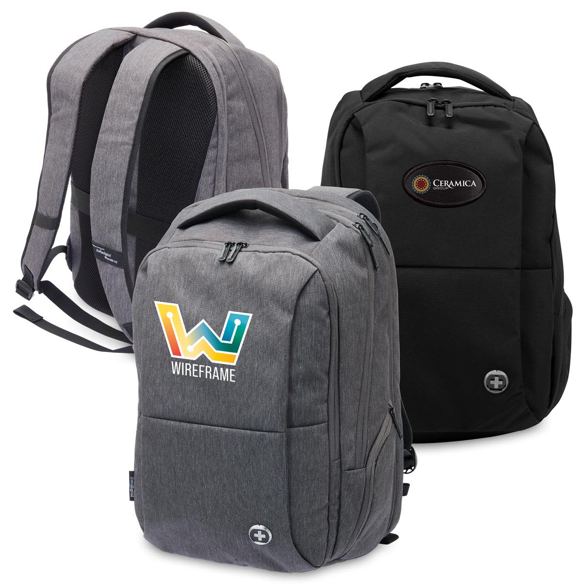 Three backpacks in various styles: one grey with a colourful logo, a plain black, and another grey with a logo. Swissdigital Commander Backpack - Image 1
