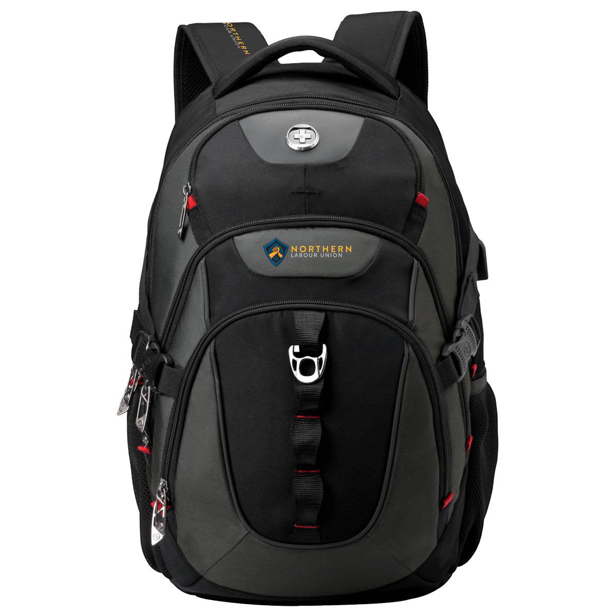 A black backpack with red accents, featuring multiple compartments and a logo on the front. Swissdigital Vector Backpack - Image 1