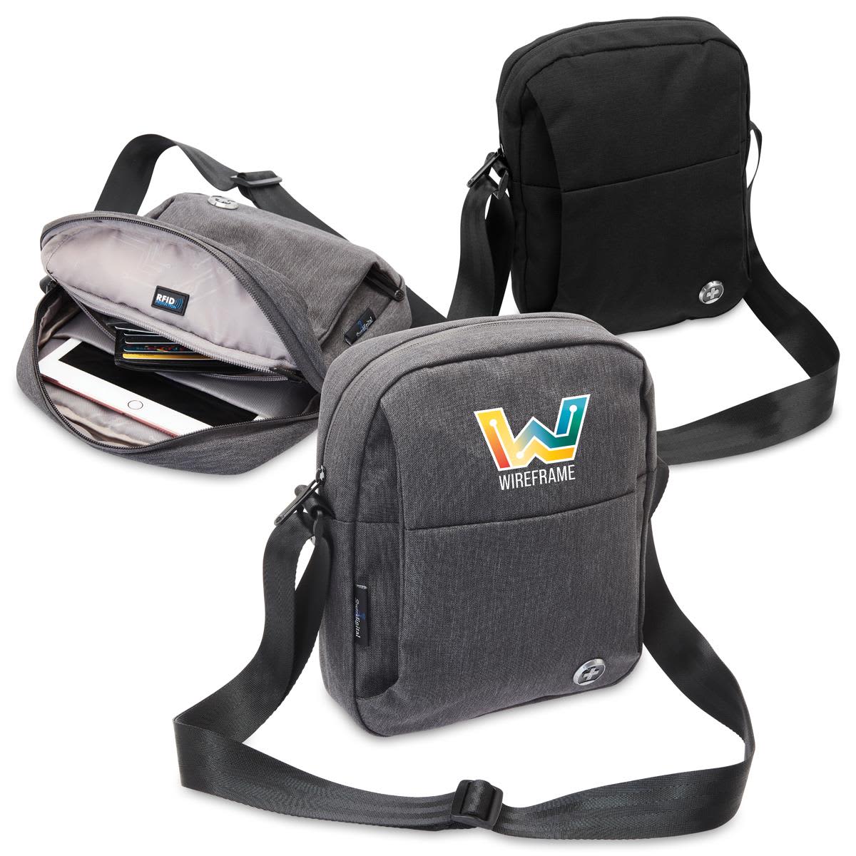 A grey shoulder bag with a logo, featuring one main compartment and an adjustable strap. Swissdigital Scout Shoulder Bag - Image 1