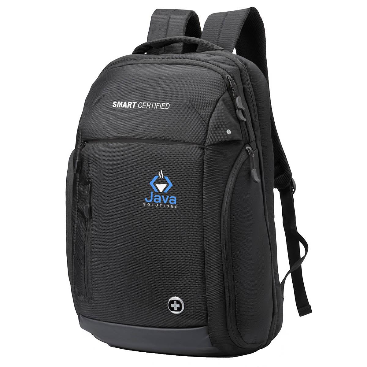 A black backpack featuring a logo, multiple pockets, and padded shoulder straps. Swissdigital Stealth Java Backpack - Image 1