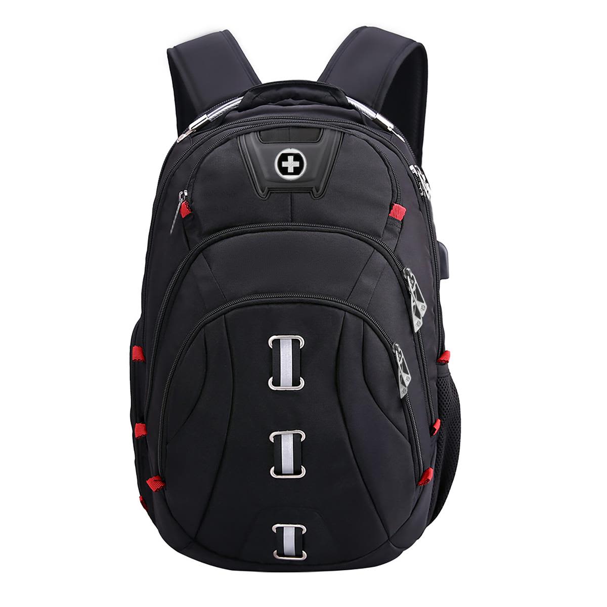 A black backpack featuring multiple zippers, silver accents, and a logo on the front. It has adjustable shoulder straps. Swissdigital Pixel Backpack - Image 1