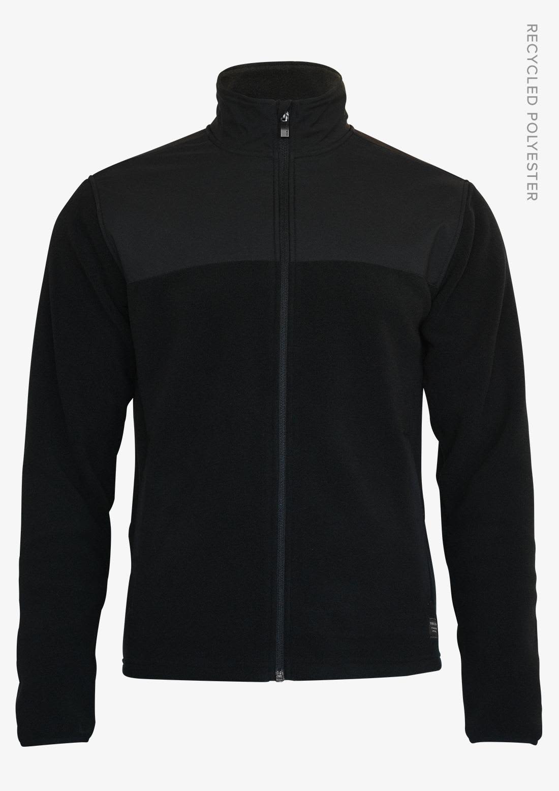A black men’s jacket featuring a high collar and zip-up front, made from recycled polyester. Sedona Men Jacket - Image 1
