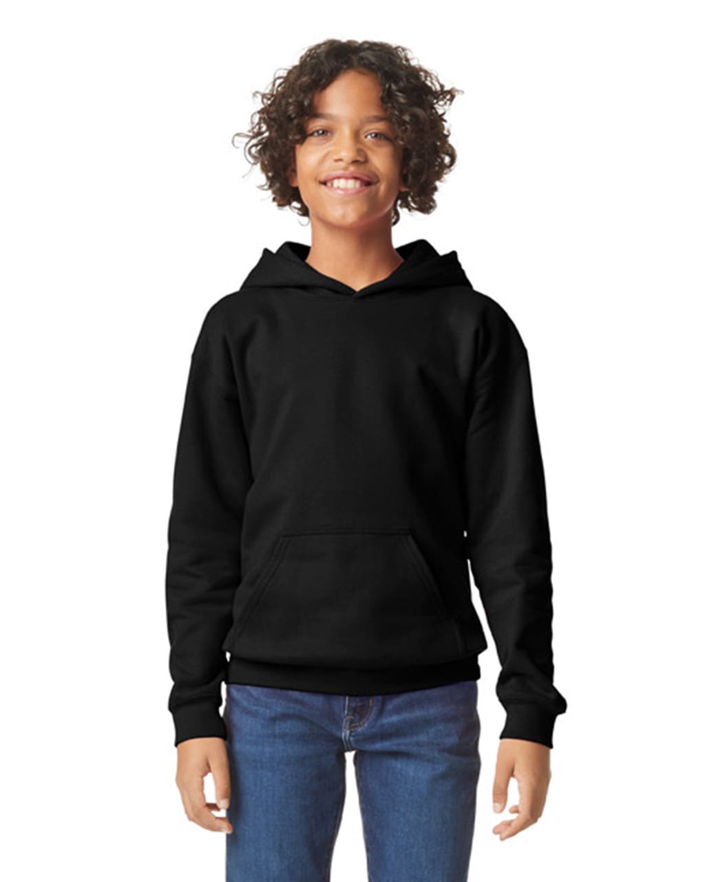 A youth hooded sweatshirt in black, featuring a front pocket and a logo. Ideal for casual wear. Gildan Softstyle Youth Hooded Sweatshirt - Image 1