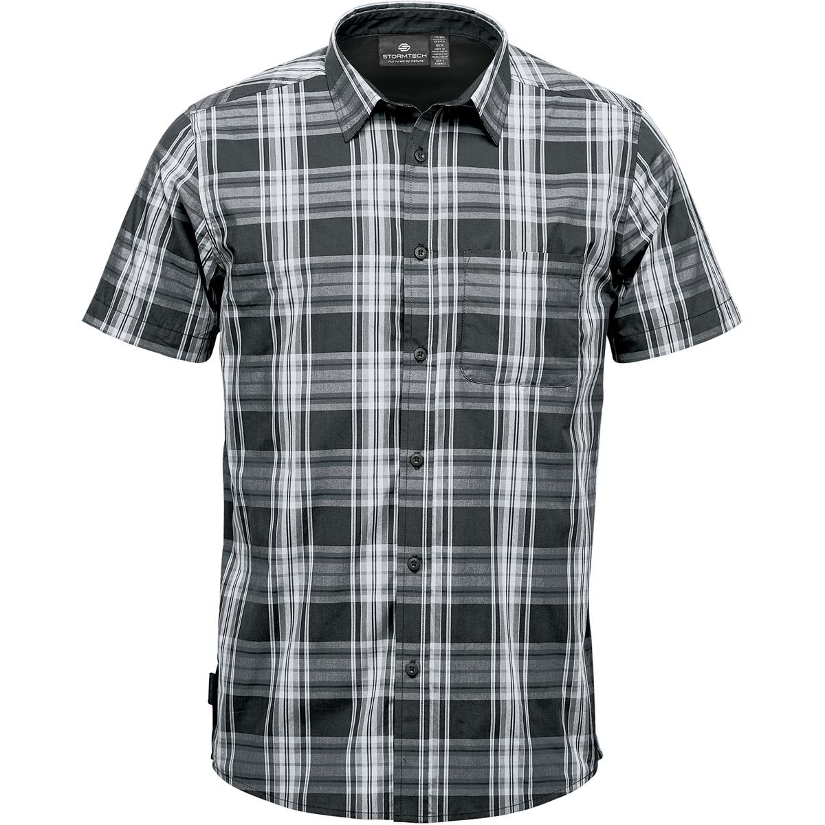 A short-sleeved button-up shirt in a black and white plaid pattern, featuring a pocket and a logo. Men's Dakota SS Shirt - Image 1