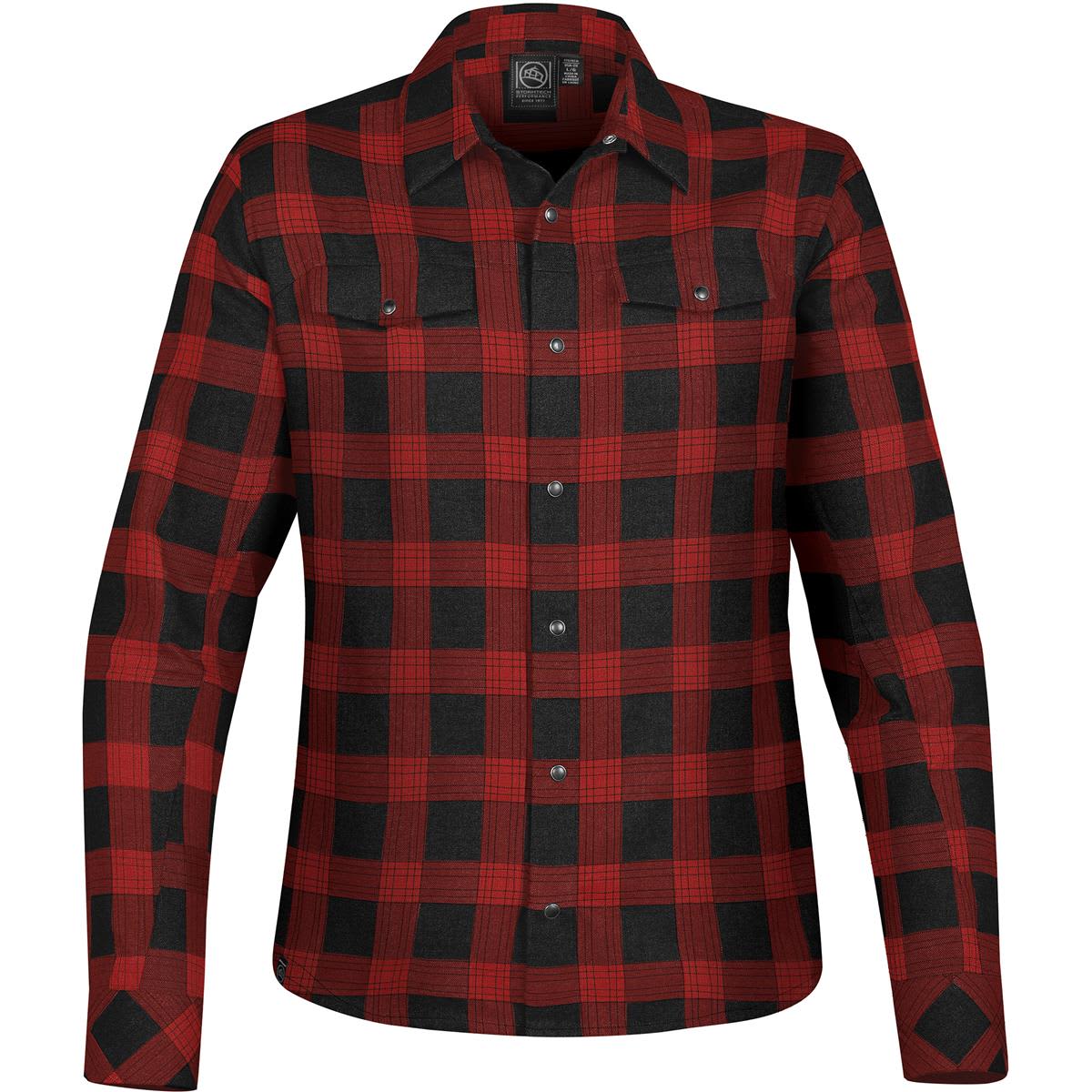 A red and black plaid button-up shirt with snap front and two chest pockets, featuring a brand logo. Women's Logan Snap Front Shirt - Image 1