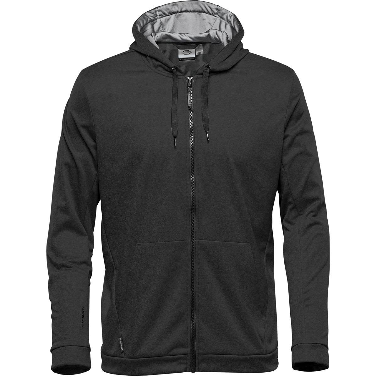A black Men's Halifax Hoody with a zip front, drawstring hood, and front pockets. Features a logo on the side. Men's Halifax Hoody - Image 1